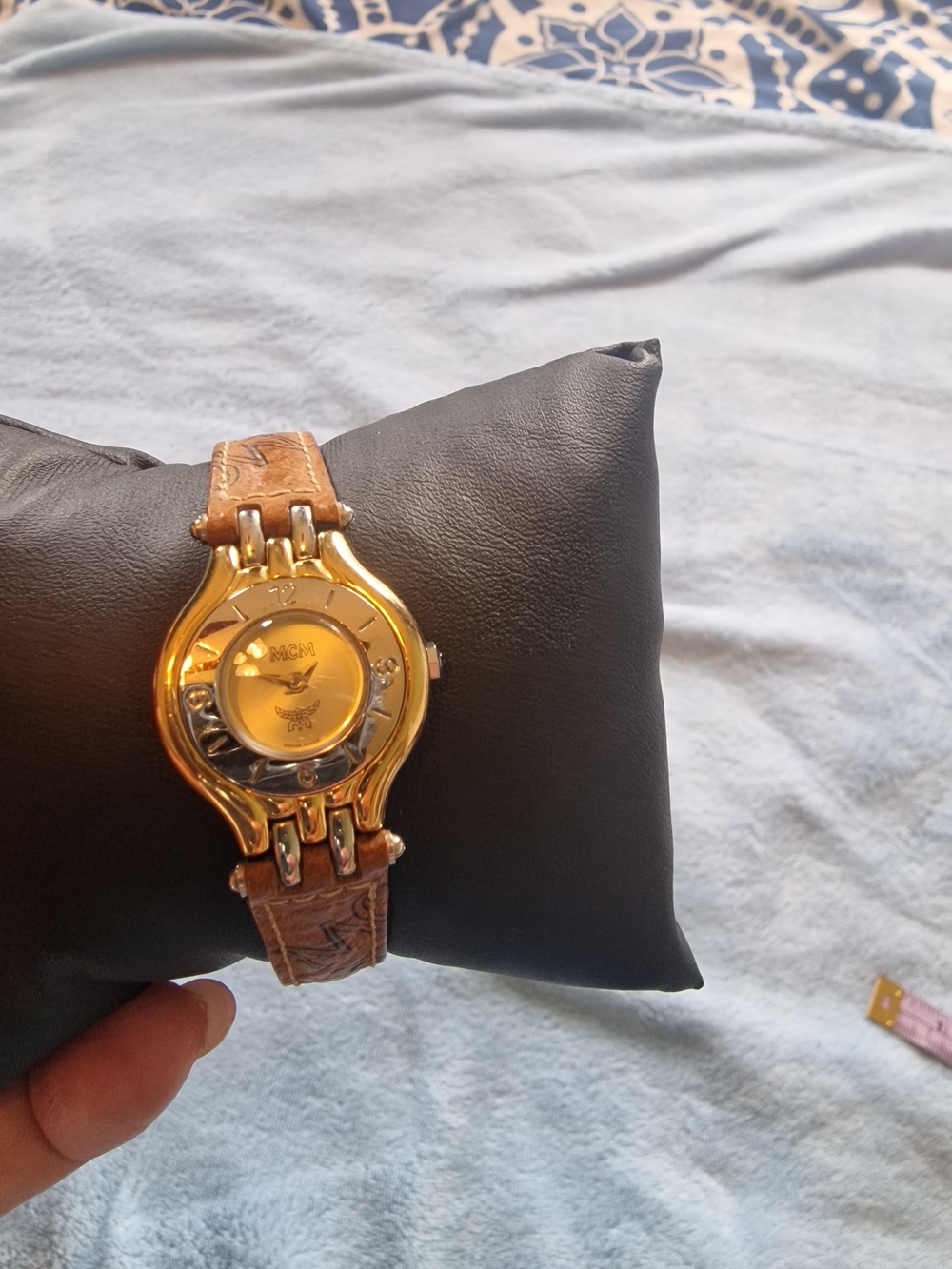 Authentic Mcm Gold-Tone Wristwatch with Brown Leather Strap